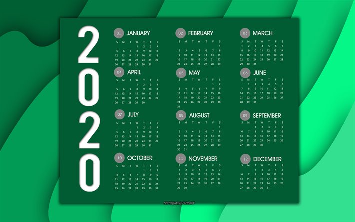 Green 2020 Kalender, gr&#246;n abstrakt bakgrund, 2020 kalendrar, alla m&#229;nader av &#197;r 2020, Gr&#246;na v&#229;gor bakgrund