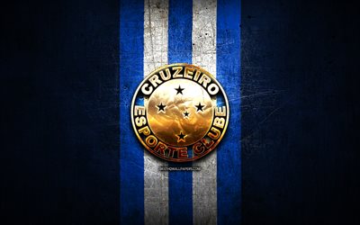 Cruzeiro FC, golden logo, Serie A, blue metal background, football, Cruzeiro EC, brazilian football club, Cruzeiro FC logo, soccer, Brazil