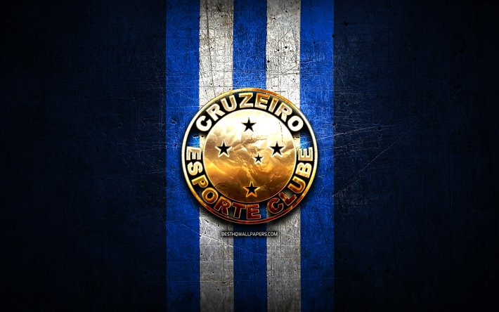 Cruzeiro FC, ouro logotipo, Serie A, metal azul de fundo, futebol, Cruzeiro EC, brasileiro de clubes de futebol, Cruzeiro FC logotipo, Brasil