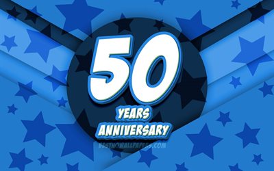 4k, 50th anniversary, comic 3D letters, blue stars background, 50th anniversary sign, 50 Years Anniversary, artwork, Anniversary concept