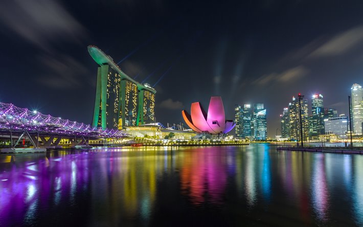 Singapur, Marina Bay Sands, noche, rascacielos, edificios modernos, casino, puerto deportivo de la Bah&#237;a, Rep&#250;blica de Singapur, Asia