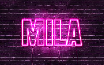 Mila, 4k, wallpapers with names, female names, Mila name, purple neon lights, horizontal text, picture with Mila name