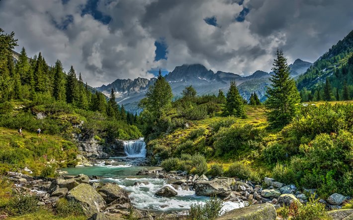 Trentino, Alps, mountain river, mountain landscape, forest, green trees, Italy