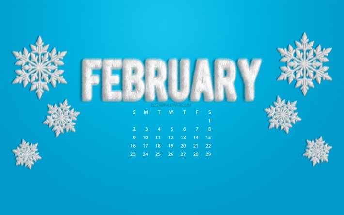 2020 February Calendar, 2020 concepts, blue background, fluffy white snowflakes, Monthly calendar, February 2020, calendar