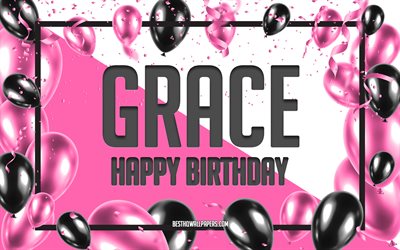 happy birthday grace, geburtstag luftballons, hintergrund, gnade, tapeten, die mit namen, pink luftballons geburtstag hintergrund, gru&#223;karte, geburtstag grace