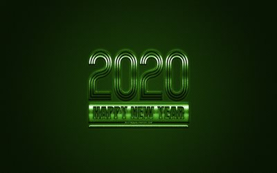 Happy New Year 2020, Green 2020 background, Green metal 2020 background, 2020 concepts, Christmas, 2020, Green carbon texture