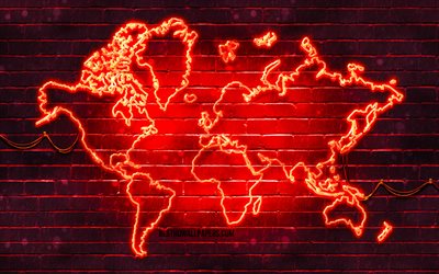 Red neon World Map, 4k, red brickwall, World Map Concept, Red World Map, World Maps