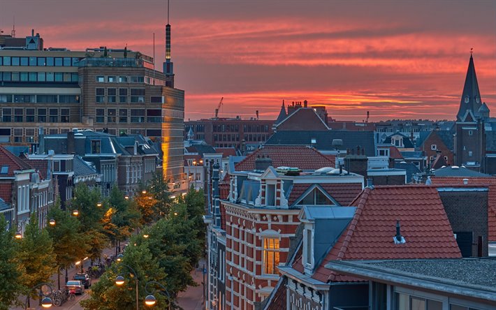 Haarlem, soir&#233;e, coucher du soleil, ville, parc, Hollande-septentrionale, pays-bas