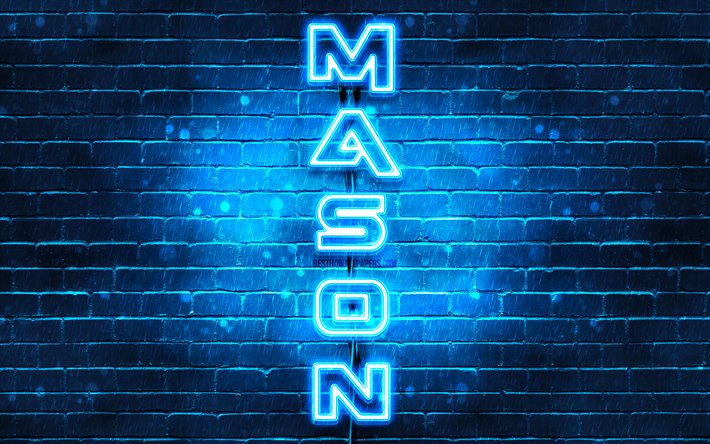 4K, Mason, pystysuora teksti, Mason nimi, taustakuvia nimet, blue neon valot, kuva Mason nimi
