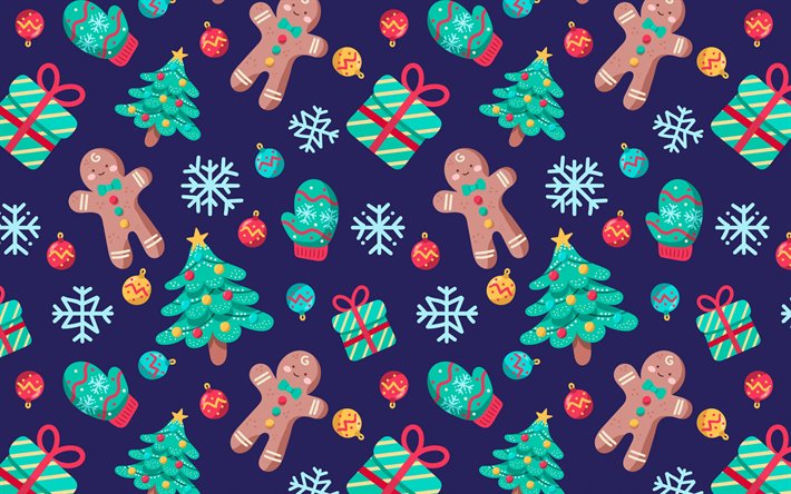 Christmas texture, New Year background, texture with christmas cookies, christmas trees texture, retro christmas texture