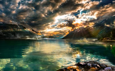 Brienzersee, Alps, mountain lake, sunset, evening, mountain landscape, Bern, Switzerland