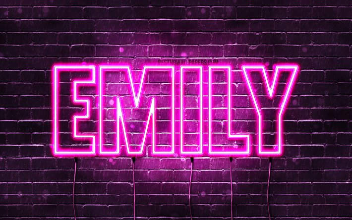 Emily, 4k, fondos de pantalla con los nombres, los nombres femeninos, Emily nombre, p&#250;rpura luces de ne&#243;n, el texto horizontal, imagen con el nombre de Emily