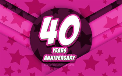 4k, 40th anniversary, comic-3d-buchstaben, lila sterne, hintergrund, 40th anniversary sign, 40 jahre jubil&#228;ums -, grafik -, jubil&#228;ums-konzept