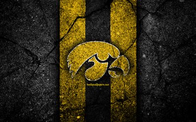 Iowa Hawkeyes, 4k, american football team, NCAA, yellow black stone, USA, asphalt texture, american football, Iowa Hawkeyes logo
