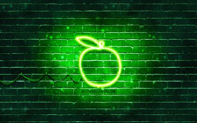 Green Apple neon icon, 4k, green background, neon symbols, Green Apple, creative, neon icons, Apple sign, food signs, Apple icon, food icons