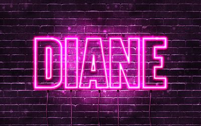 Diane, 4k, fonds d’&#233;cran avec des noms, noms f&#233;minins, nom de Diane, n&#233;ons violets, Joyeux anniversaire Diane, populaire fran&#231;ais noms f&#233;minins, photo avec le nom de Diane