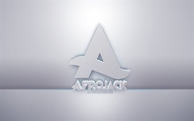 Afrojack 3d logo blanc, fond gris, logo Afrojack, art cr&#233;atif 3d, Afrojack, embl&#232;me 3d