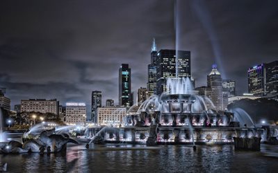 Buckingham Fountain, Chicago, nightscapes, american cities, Illinois, America, Chicago at night, USA, City of Chicago, Cities of Illinois