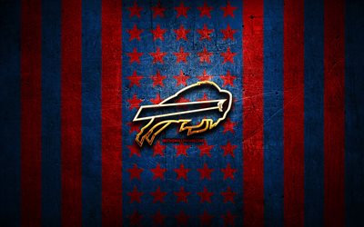 Buffalo Bills flag, NFL, blue red metal background, american football team, Buffalo Bills logo, USA, american football, golden logo, Buffalo Bills