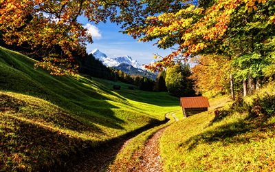 Baviera, 4k, outono, estrada, montanhas, Alemanha, Europa, bela natureza, cabana nas montanhas