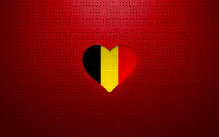 Amo il Belgio, 4K, Europa, sfondo rosso punteggiato, cuore della bandiera belga, Belgio, paesi preferiti, bandiera belga