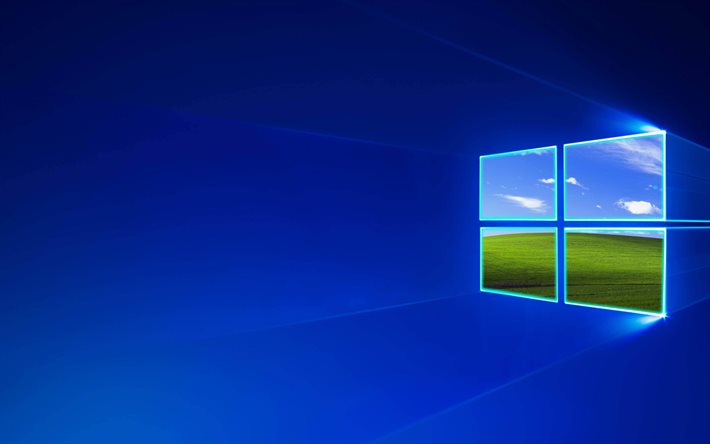 Windows 10 logo, blue background, operating system, Windows logo, art, Windows