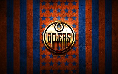 Edmonton Oilers flag, NHL, blue orange metal background, american hockey team, Edmonton Oilers logo, USA, hockey, golden logo, Edmonton Oilers