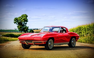 Chevrolet Corvette, retro cars, 1963 cars, american cars, 1963 Chevrolet Corvette, red Corvette, supercars, Chevrolet, HDR