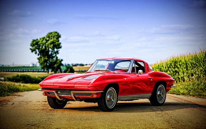 chevrolet corvette, retro-autos, 1963 autos, amerikanische autos, 1963 chevrolet corvette, rote corvette, supersportwagen, chevrolet, hdr