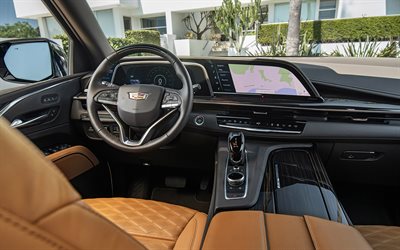2021, Cadillac Escalade, 4k, vue intérieure, intérieur, panneau avant, nouvel intérieur Escalade, tableau de bord, voitures américaines, Cadillac