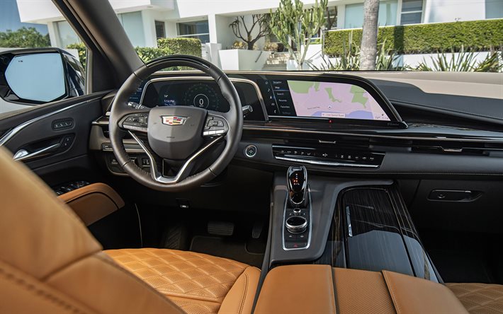 2021, Cadillac Escalade, 4k, vista interna, interno, pannello frontale, nuovo interno Escalade, cruscotto, auto americane, Cadillac