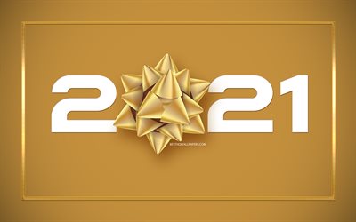 2021 New Year, golden silk bow, Happy New Year 2021, 2021 Golden background, 2021 concepts