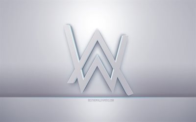 Logotipo 3D branco de Alan Walker, fundo cinza, logotipo de Alan Walker, arte criativa em 3D, Alan Walker, emblema em 3D