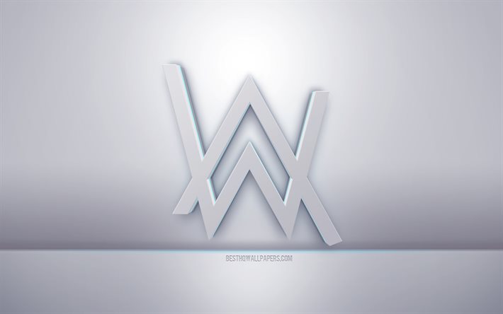 Alan Walker 3D valkoinen logo, harmaa tausta, Alan Walker logo, luova 3d taide, Alan Walker, 3d tunnus