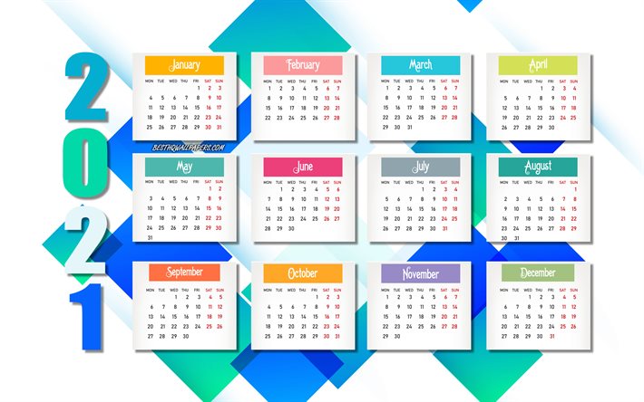 Calendario astratto 2021, sfondo colorato, calendario 2021 per tutti i mesi, elementi di carta, Capodanno 2021, calendario 2021