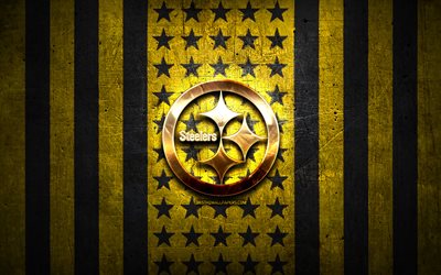Pittsburgh Steelers flag, NFL, yellow black metal background, american football team, Pittsburgh Steelers logo, USA, american football, golden logo, Pittsburgh Steelers