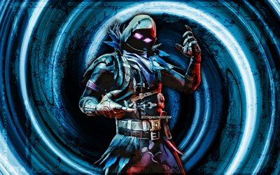 4k, Raven, blue grunge background, 2020 oyunları, Fortnite, vortex, Fortnite karakterleri, Raven Skin, Fortnite Battle Royale, Raven Fortnite