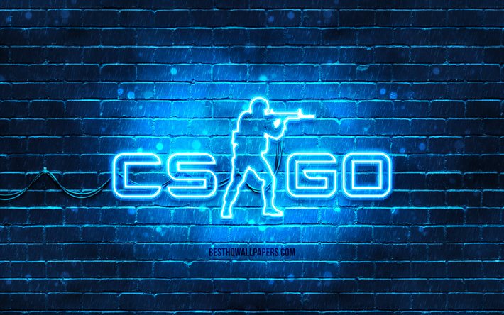 CS Go blue logo, 4k, blue brickwall, Counter-Strike, CS Go logo, 2020 games, CS Go neon logo, CS Go, Counter-Strike Global Offensive