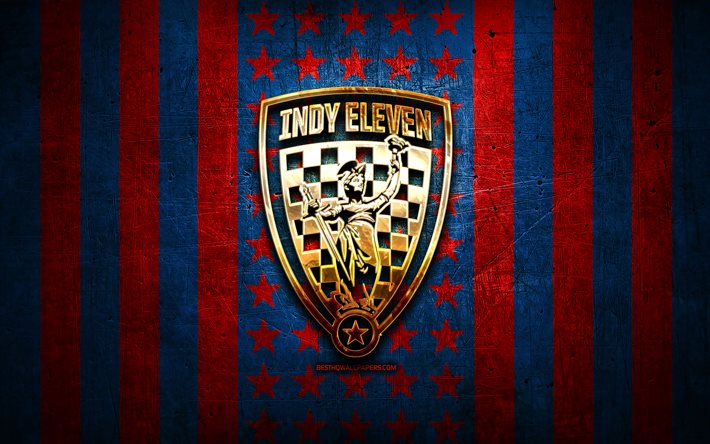Bandeira da Indy Eleven, USL, fundo de metal azul, clube de futebol americano, logotipo Indy Eleven, EUA, futebol, Indy Eleven FC, logotipo dourado