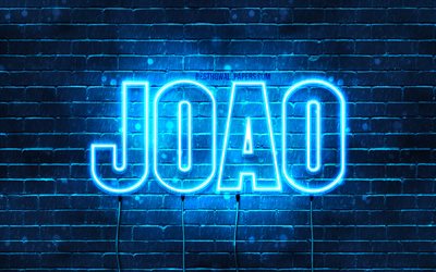 Joao, 4k, fonds d&#39;&#233;cran avec des noms, nom de Joao, n&#233;ons bleus, joyeux anniversaire Joao, noms masculins portugais populaires, photo avec le nom de Joao