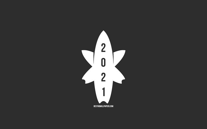 Ano novo de 2021, prancha de surf, arte minimalista de 2021, feliz ano novo de 2021, fundo cinza, conceitos de 2021