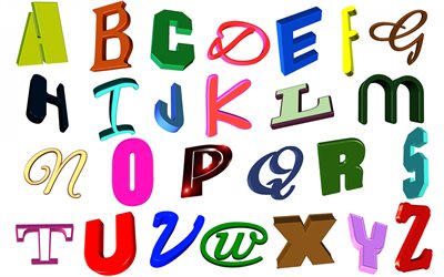 alfabeto, lettere 3d, sfondo bianco, diverse lettere dell&#39;alfabeto, alfabeto inglese su sfondo bianco