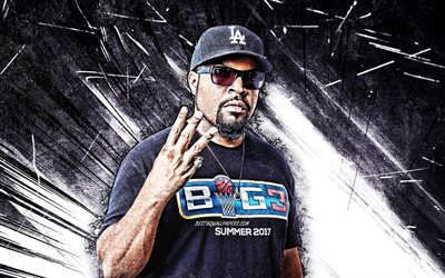 4k, Ice Cube, arte grunge, rapper americano, estrelas da m&#250;sica, OShea Jackson, raios abstratos brancos, celebridade americana, Ice Cube 4K