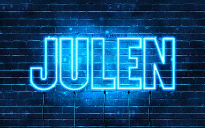 Julen, 4k, fonds d&#39;&#233;cran avec des noms, nom de Julen, n&#233;ons bleus, joyeux anniversaire Julen, noms masculins espagnols populaires, photo avec le nom de Julen