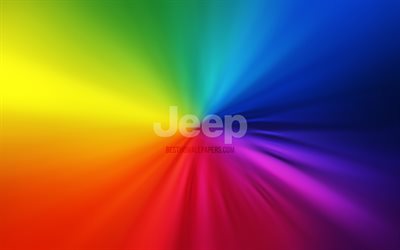 Jeep-logo, 4k, py&#246;rre, sateenkaaren taustat, luova, kuvitus, automerkit, Jeep