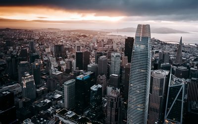 San Francisco, rascacielos, Salesforce Tower, Financial District, Transbay Tower, tarde, puesta de sol, paisaje urbano, panorama, California, EE
