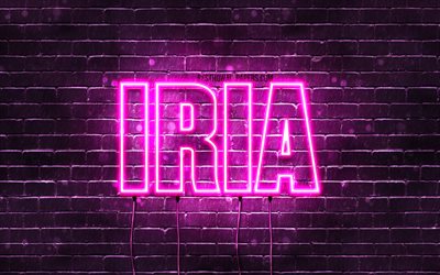 Iria, 4k, fonds d&#39;&#233;cran avec noms, noms f&#233;minins, nom Iria, n&#233;ons violets, joyeux anniversaire Iria, noms f&#233;minins espagnols populaires, photo avec nom Iria