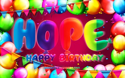 Joyeux anniversaire espoir, 4k, cadre ballon color&#233;, nom de l&#39;espoir, fond violet, espoir joyeux anniversaire, anniversaire de l&#39;espoir, noms f&#233;minins am&#233;ricains populaires, concept d&#39;anniversaire, espoir