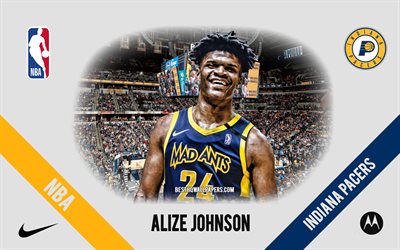 Alize Johnson, Indiana Pacers, joueur de basket-ball am&#233;ricain, NBA, portrait, USA, basket-ball, Bankers Life Fieldhouse, logo Indiana Pacers
