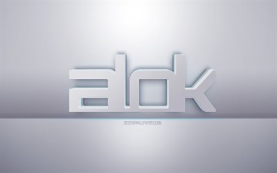 Alok 3D شعار أبيض, خلفية رمادية, شعار Alok, الفن الإبداعي 3D, (ألوك)، أرجوك!, 3d شعار